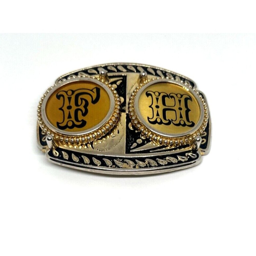 belt buckle USA gold silver black tones rodeo country western F H initials